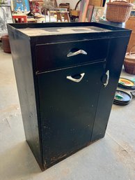 Vintage Black Metal Storage Cabinet With Tip Out Mesh Backed Bin