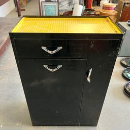 Vintage Black Metal Cabinet With Tip Out Mesh Drawer