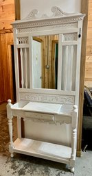 Vintage White Painted Wooden Hall Tree With Mirror, Drawer, And Umbrella/cane Stand
