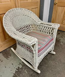 Vintage White Wicker Rocker With Striped Cushion