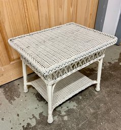 Vintage Palecek White Wicker Side Table With Lower Shelf