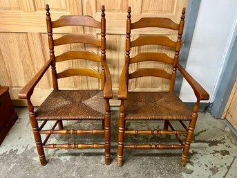 Pair Of Wooden Ladderback Armchairs With Rush Seats