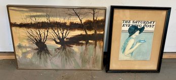Two Prints, The Pond At Sunset, By Erick Pepyrol And A Framed Print Of A 1928 Saturday Evening Post Cover