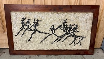 Vintage Petroglyph Style Mosaic Artwork On Stone Concretion In Wooden Frame