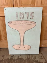 Vintage Wooden Decorative Panel Featuring A Paper Pink Cocktail Glass And Glittered 1975