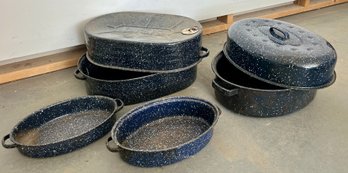 Vintage Blue Speckled Enamelware Roasting Pans
