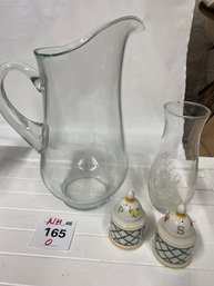 Large Glass Pitcher; Sale And Pepper Shakers ---see Photos