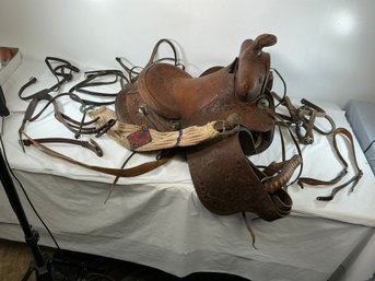 Antique Buck Steiner, Austin, TX Leather Horse Saddle With Stirrups, Leather Straps And Harnesses