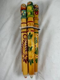 5 Hand-painted Wooden Colored Pencils With Traditional Russian Matryoshka Doll Designs