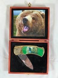 Collectible Pocket Knife Featuring A Bear Motif, Presented In A Wooden Display Box