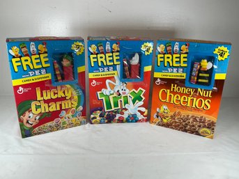Three Sealed General Mills Cereal Boxes From 2001, Each Containing A Matching Character Pez Candy Dispenser