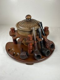 Vintage Wooden Pipe Rack And Humidor Set, Designed To Hold Multiple Smoking Pipes