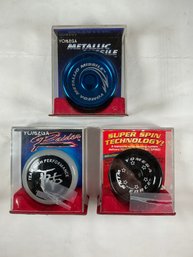 Three Yomega Metallic Missile Yo-yos In Boxes - Metallic Missile, Yomega Raider, Yomega Wing Force
