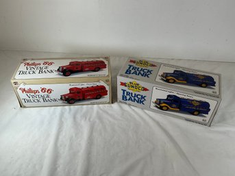 Two Sets Of Collectible Die-cast Model Trucks, Specifically 'Vintage Truck Banks' Philips 66 And Blue Sunoco