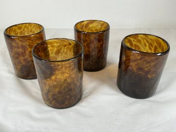 Four Hand-blown Mexican Amber Tortoise Shell Tumblers
