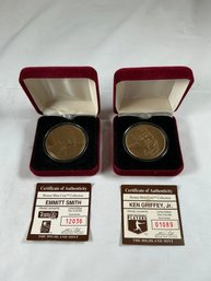 NFL And MLB Commemorative Bronze Coins From The Highland Mint, In Red Velvet Boxes With COA