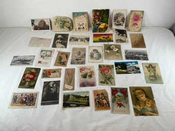 32 Vintage And Antique Postcards, Holiday Greetings, Scenic Views, And Floral Designs