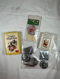 Vintage Card Sets Creative Whack Pack, Postage Stamps, Plastic Clown Toy, Alive In 85 Pins And Matchbooks