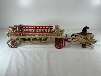 Vintage Cast Iron Horse-drawn Hook And Ladder Fire Truck Toy