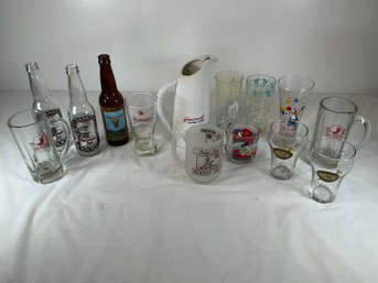 14 Glass Tumblers - Beer Brands, Garfield, Pistol Club, And Smirnoff Ceramic Pitcher