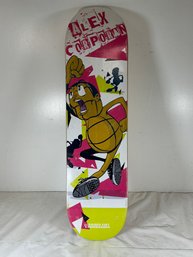 Skateboard Deck Featuring A Graphic For 'Alex Corporan' And Branding For 'Raised Fist Propaganda'
