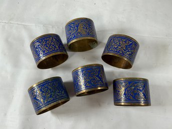 Vintage Chinese Or Thai Napkin Rings Are Made Of Brass With Intricate Blue And Gold Enamel