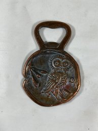 Vintage Bottle Opener Featuring A Design Of The Owl Of Athena, Probably Copper