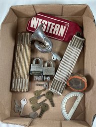 Folding Rulers, Two Locks, Keys, Western Tag, Gauge