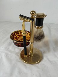 Vintage Shaving Set From Italy Features A Brass Stand And A Tortoiseshell-patterned Bowl