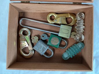 Padlocks With Long Shackles, Smaller Locks All With Keys, Hooks, Vintage Glass Radio Strain Insulators