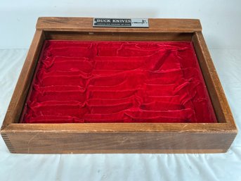 Vintage Buck Knives Wooden Display Case Features A Red Velvet Interior Designed To Store Knives.