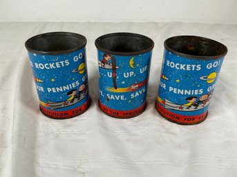 Three Vintage Tin Coin Bank Featuring Space-themed Illustrations