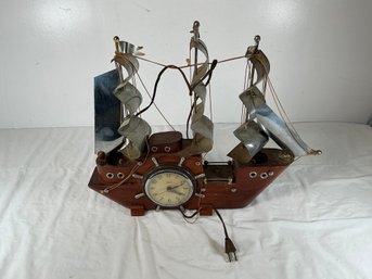 Vintage United Corp Electric Mantel Clock Shaped Like A Clipper Ship With Chrome Sails