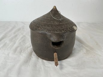 Vintage Terracotta Birdhouse Is Handcrafted From Dark Clay And Features A Decorative Conical Roof