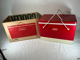 Vintage 1970s Red And White Coleman Metal Cooler With Its Original Cardboard Box