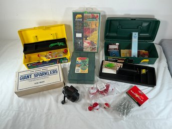 Fishing Lot - Tackle Boxes,south Bend Black Beauty Reel, Giant Sparklers (empty Box), Storage Organizers Etc