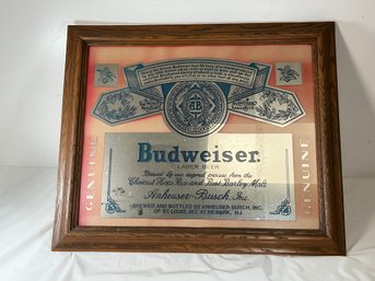 Budweiser Mirror Featuring Classic Branding And A Wooden Frame