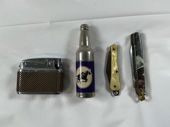 Mid-century Mesh Lighter, A Novelty Bottle Lighter, Mother-of-pearl Pocket Knife, Multicolored Folding Knife