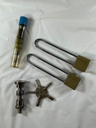 General Tools No. 78 Automatic Center Punch, Two Brass-finished Padlock, 5-prong Universal Clock Winding Key