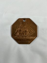 Vintage Brass Fob Or Medal Featuring An Image Of The U.S.S. Constitution, Also Known As 'Old Ironsides'