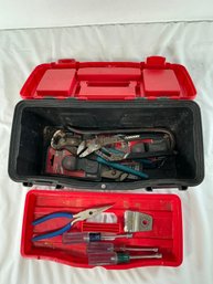 Tool Box With Tools Including Pliers, Cutting Blade, And More
