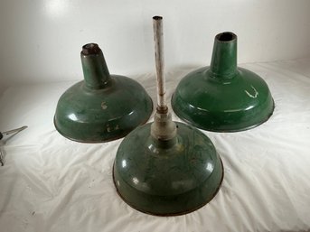 3 Vintage Green Porcelain Enamel Industrial Barn Lamp Shades