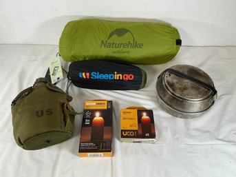 Hiking And Camping Gear Lot Including Beeswax Candles, Sleep In Go, Nature Hike Outdoors, Canteen, Pan Set