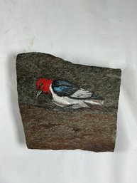 Hand-painted Red-headed Woodpecker On A Natural Rock Surface, Signed On Back
