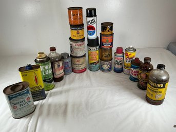 Various Antique Automotive And Household Product Tins, Including Mobiloil Grease