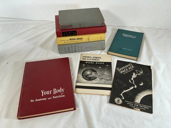 Vintage Books On Science, Space Exploration, And Medicine, Including Microscope And The World Of Science