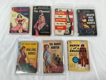 7 Vintage Mid-century Pulp Mystery Paperbacks Including Osessed, Rolling Bones, Death Of A Salesman