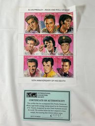 St. Vincent Postage Stamp Sheet Released For The 15th Anniversary Of Elvis Presley's Death In 1992 With COA