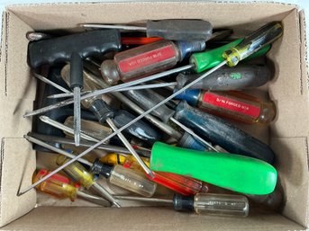 Collection Of Vintage Screwdrivers With Mixed Colored Acetate Handles And Various Blade Types