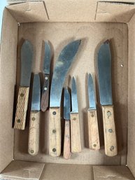 Collection Of Vintage High-carbon Steel Kitchen Knives Including Brands Like Russel